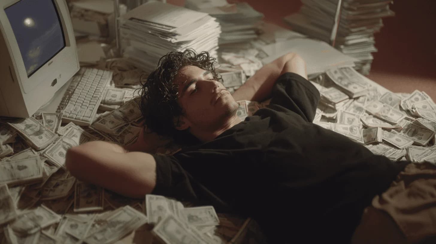 Person lying on pile of money/cash - representing ROI/financial success