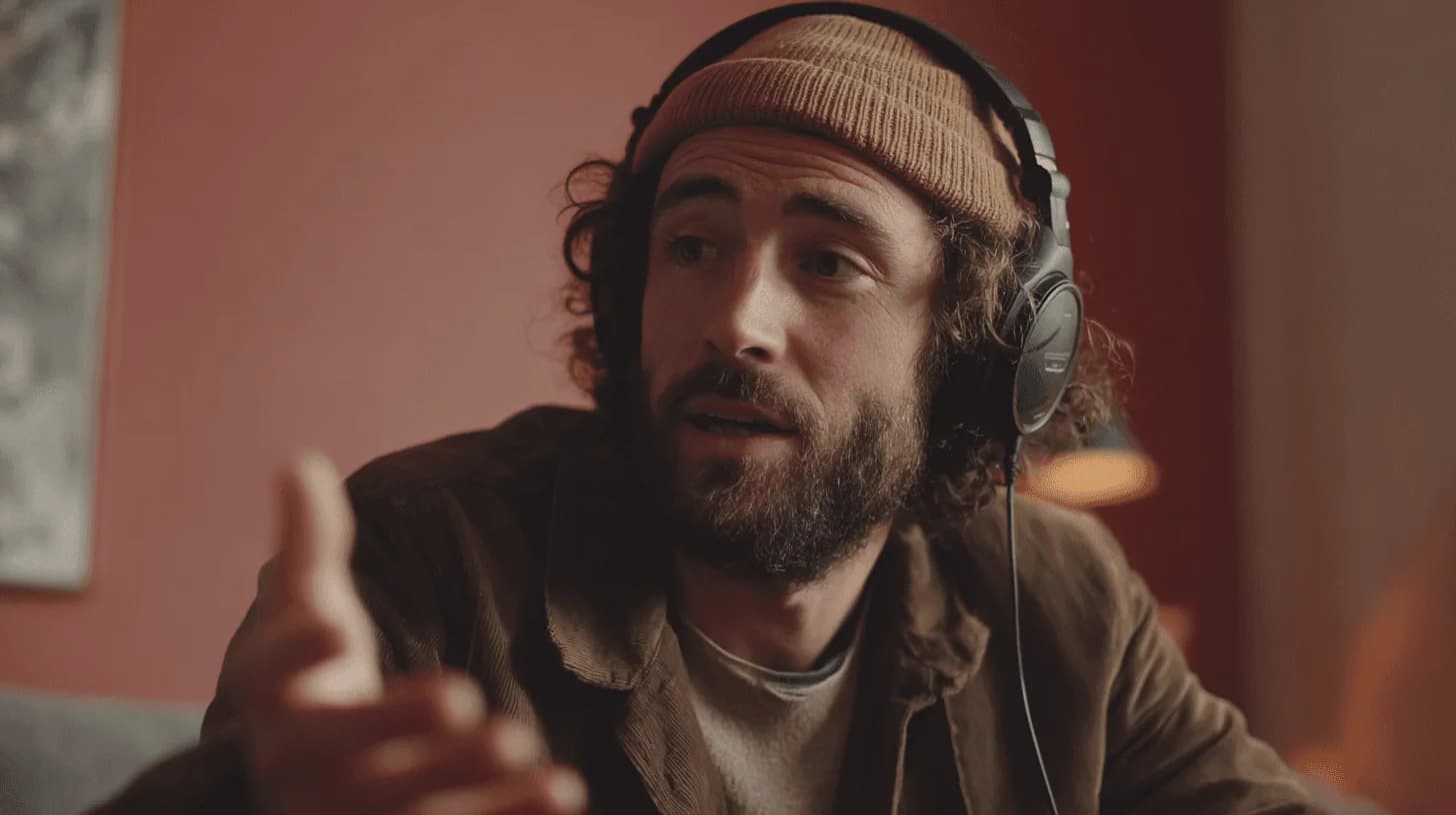 Person with headphones in contemplative pose