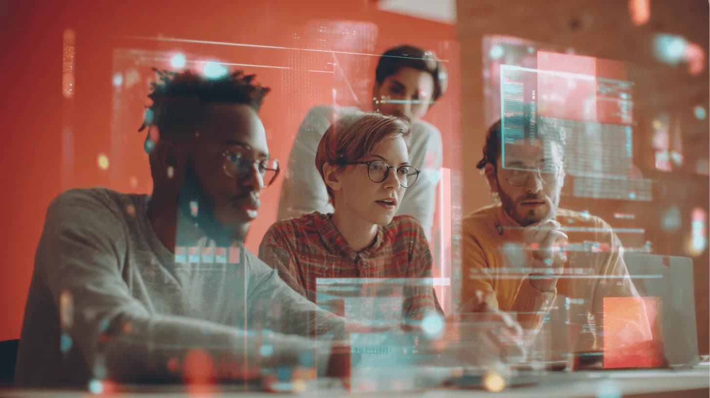 Team collaborating with digital interface overlays