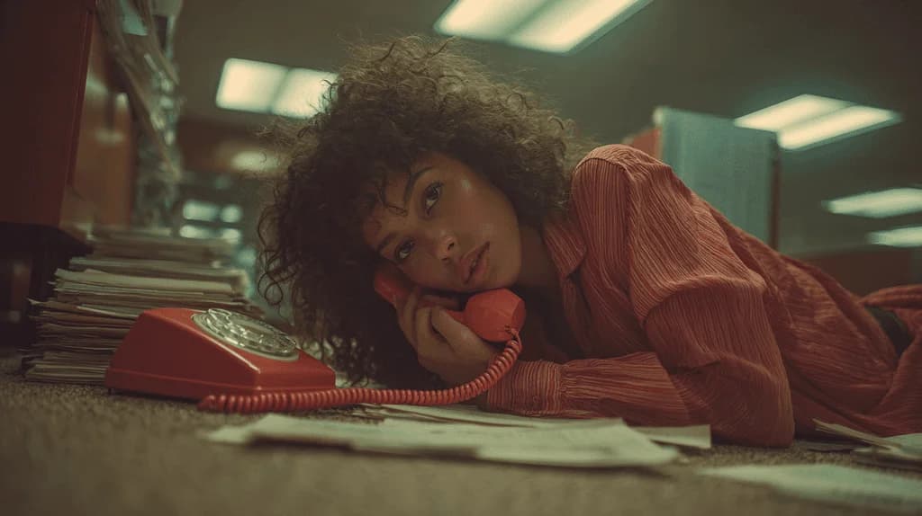 Person at desk with vintage red telephone, papers, and books