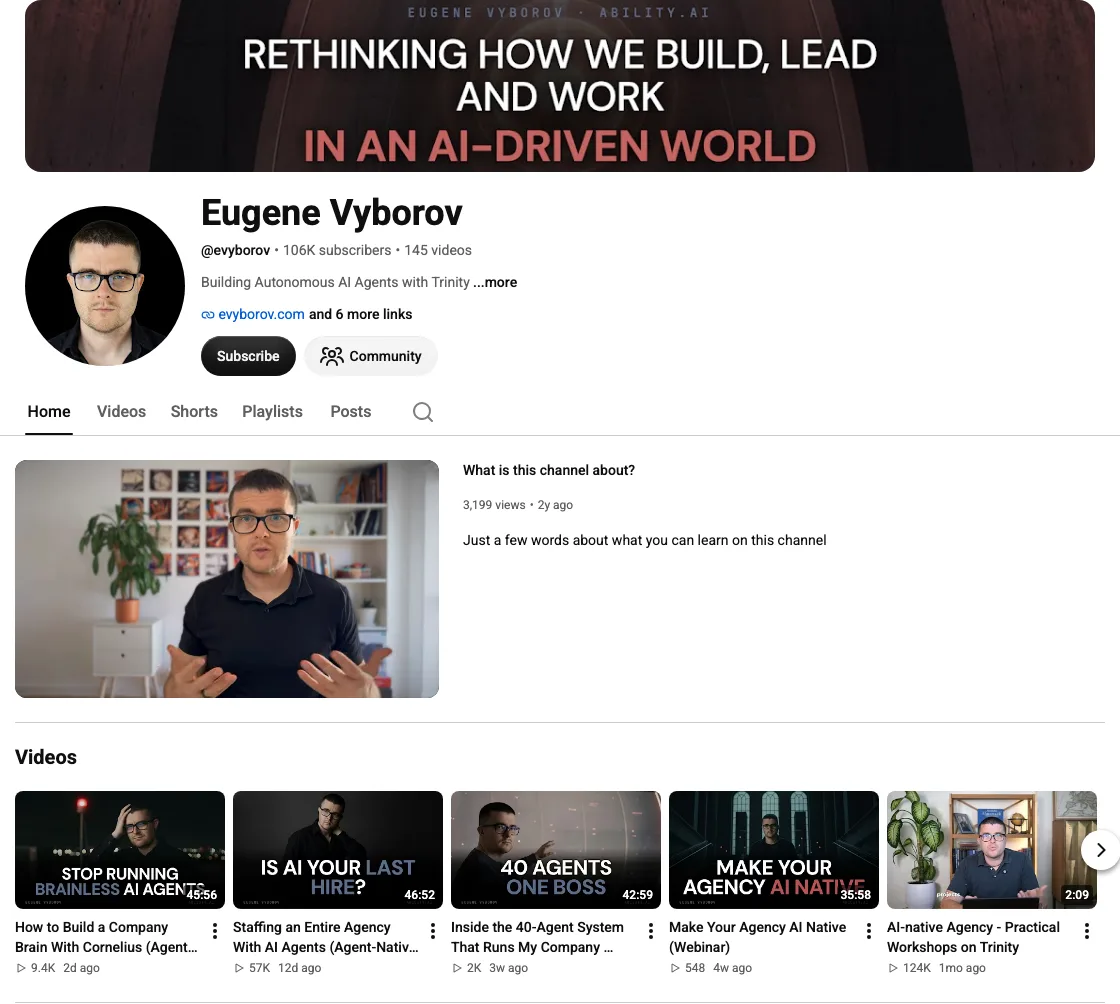Eugene Vyborov's YouTube channel: Building Autonomous AI Agents with Trinity
