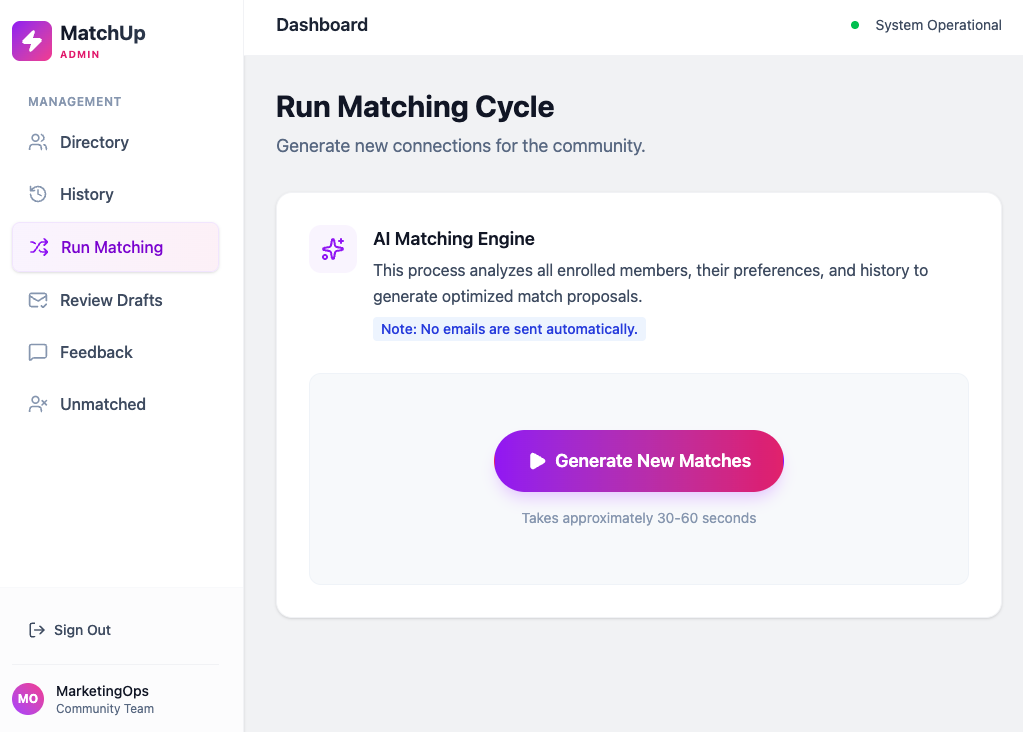 MatchUp admin dashboard showing the AI matching engine interface