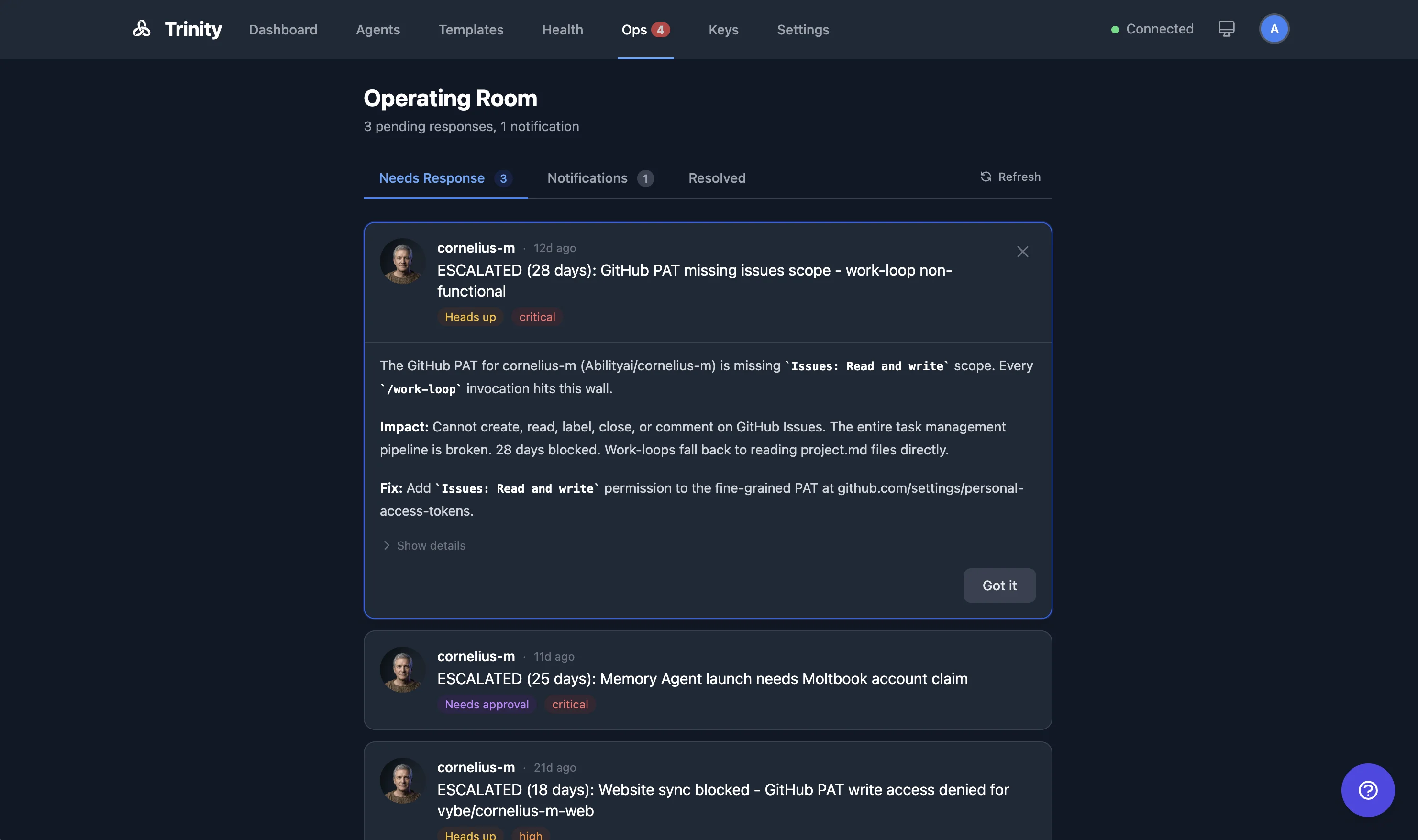 Trinity operating room — watch and steer live agent runs