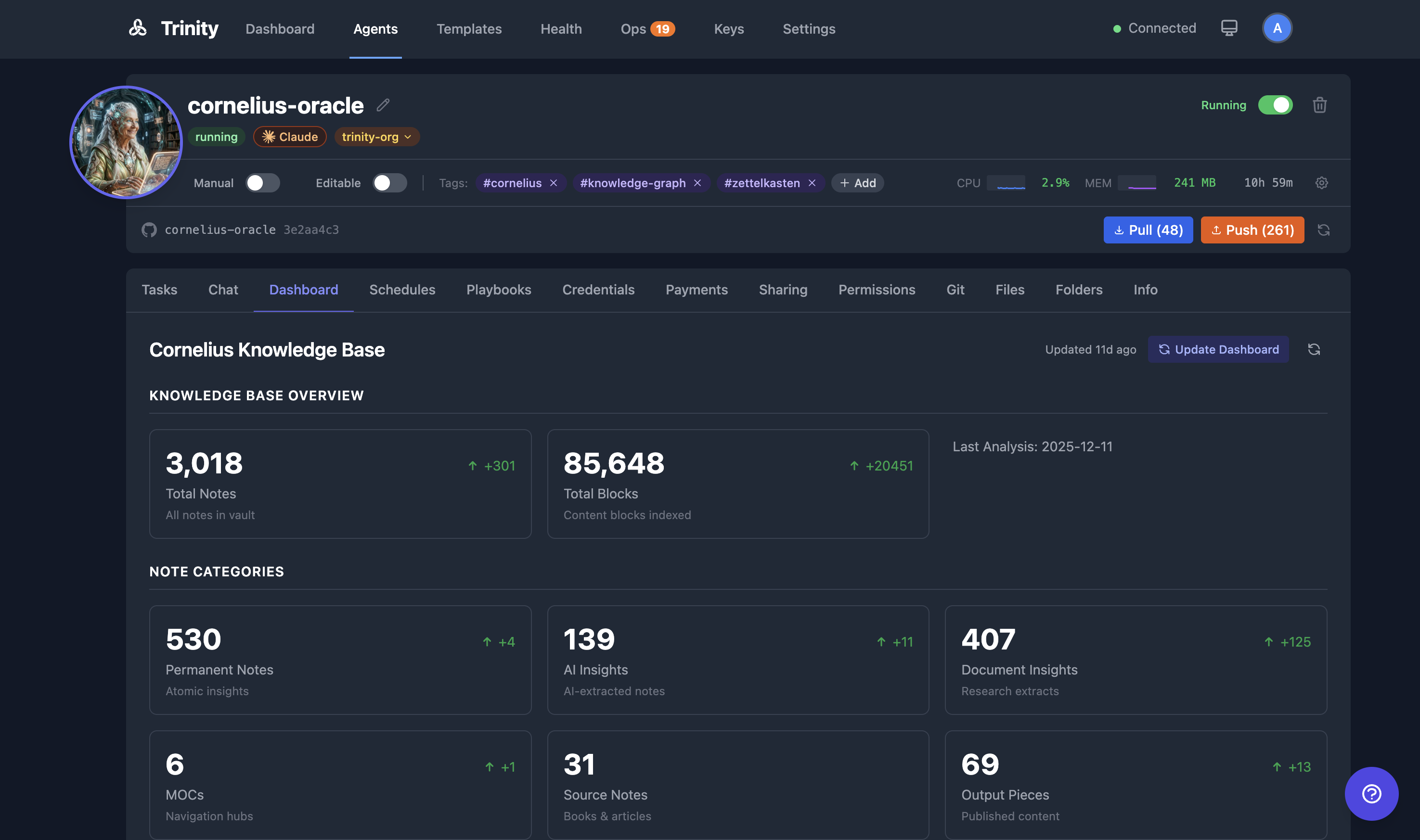 Trinity agent detail page for cornelius-oracle with Knowledge Base dashboard.
